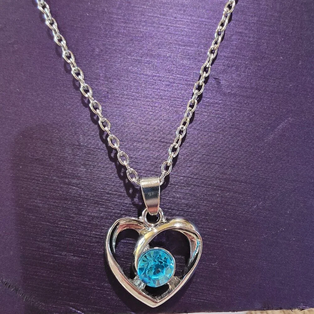 Silver-tone Light Blue Solitaire Stone Open Heart Pendant Silver Chain Necklace